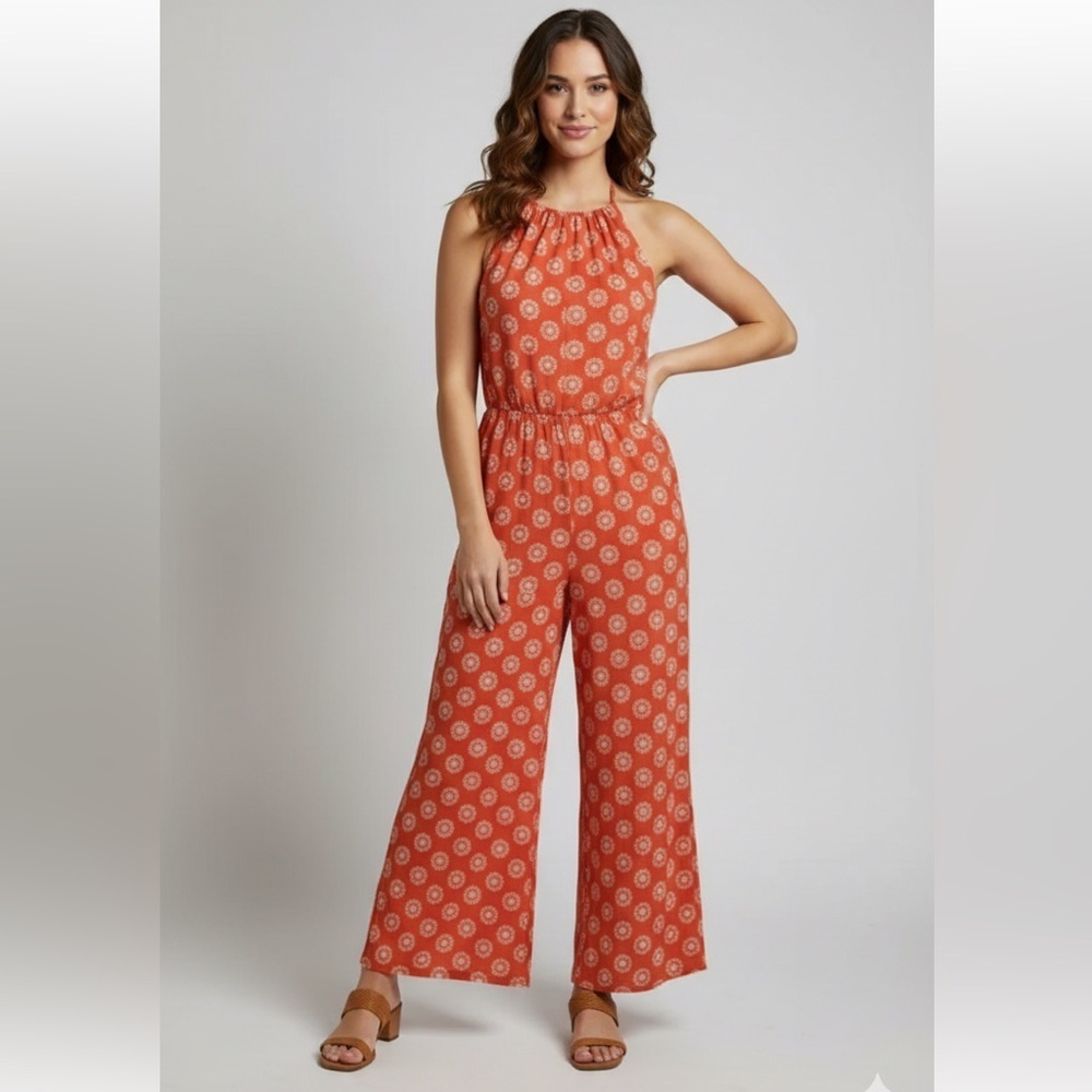 forever 21 halter jumpsuit burnt orange with white details